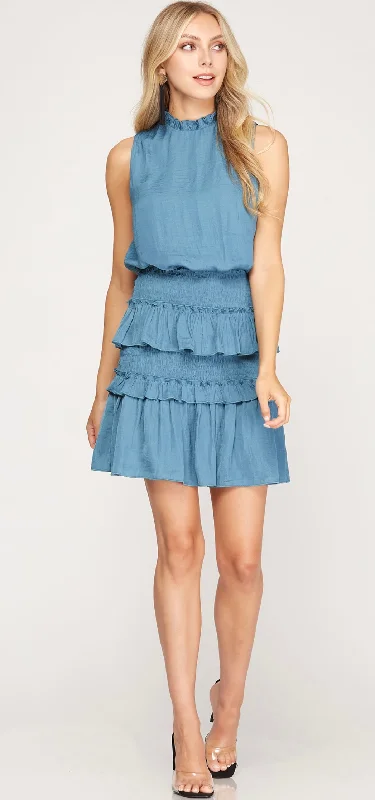 Blue Sleeveless Smocked Dress