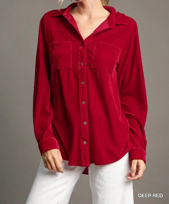 Long Sleeve Velvet Top In Red