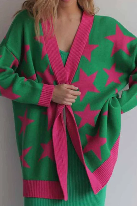 Awakecrm Contrast Star Knitted Button Up Cardigan