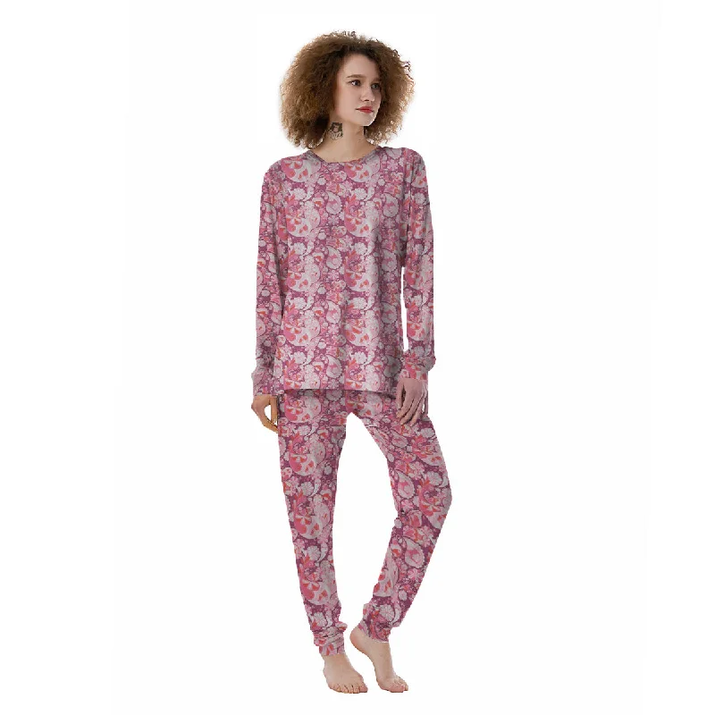 Floral Pink Paisley Print Pattern Women's Pajamas Cozy winter pajama sets