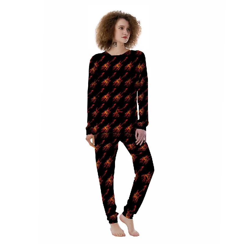 Flying Burning Guitars Print Pattern Women's Pajamas Movie night pajama sets