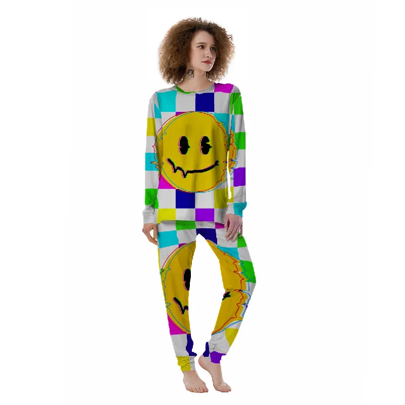 Funny Crazy Glitch And Checkered Neon Print Women's Pajamas Flannel pajama sets