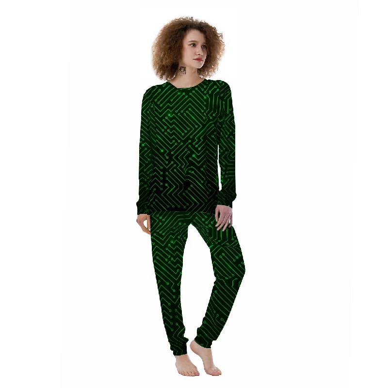 Futuristic Green Circuit Board Print Women's Pajamas Best pajama sets for cold weather