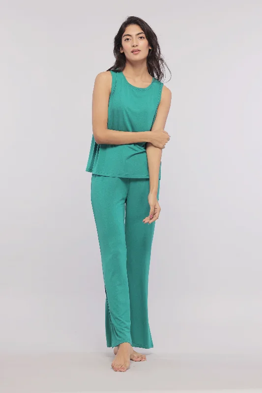 Green Flared Lounge Set with Side Slits Sexy pajama sets