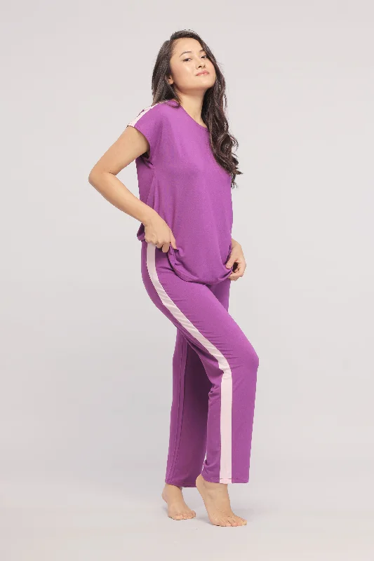 Royal Purple Lounge Set With Pink Stripe Best pajama sets for girls' night