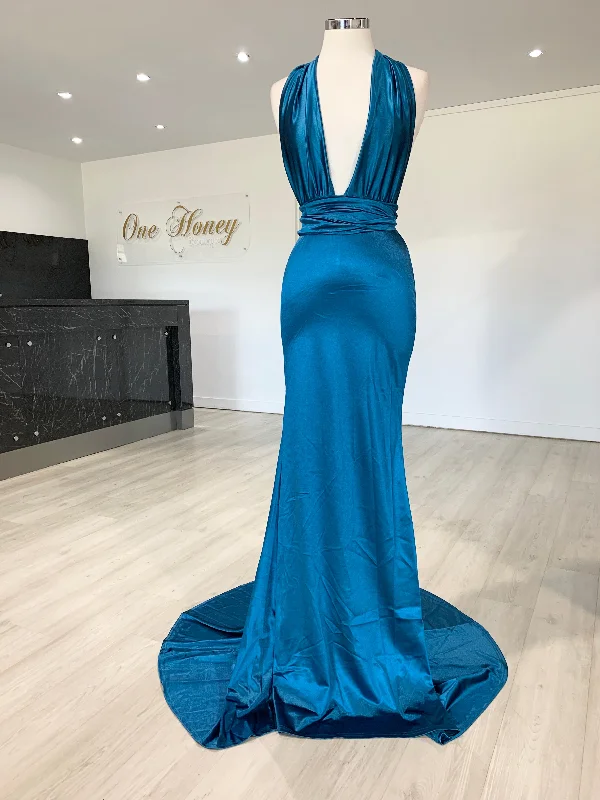 Honey Couture BLOSSUM Blue Multi Tie Evening Gown Dress Luxe Velvet Gown