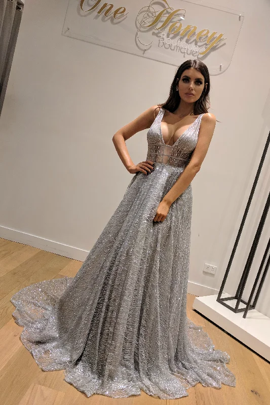 Honey Couture DAZZLING Silver Sequin Princess Formal Gown Dress Satin Evening Gown