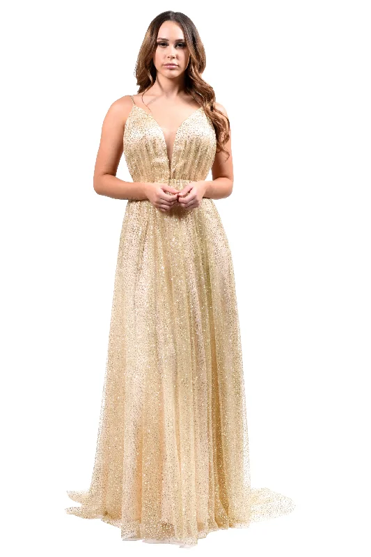 Honey Couture GEORGIA Gold Glitter Formal Gown Sleeveless Satin Gown