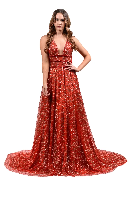 Honey Couture GLORIA Red Gold Glitter Infused Formal Ball Gown Elegant Lace Gown