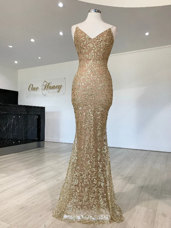 Honey Couture GRETA Gold Lace & Glitter Overlay Mermaid Formal Gown Dress Elegant Lace Set