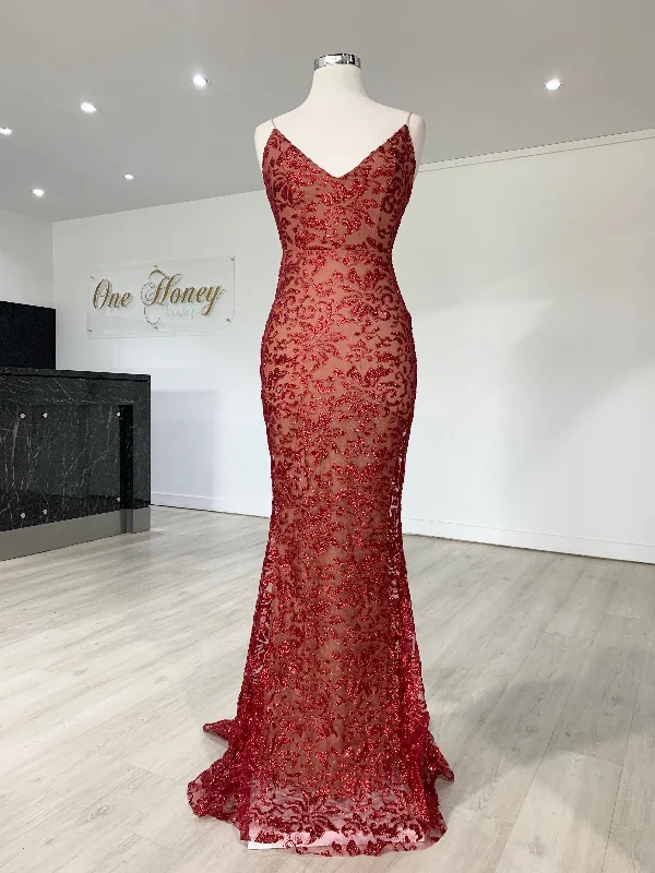 Honey Couture GRETA Red Lace & Glitter Overlay Mermaid Formal Gown Dress Chic Lace Gown