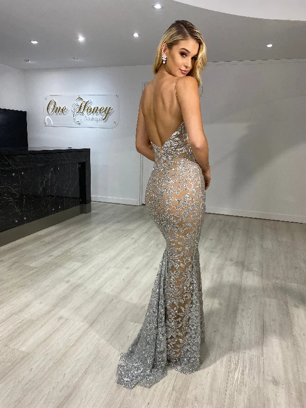 Honey Couture GRETA Silver/Nude Lace & Glitter Overlay Mermaid Formal Gown Dress Floral Satin Robe