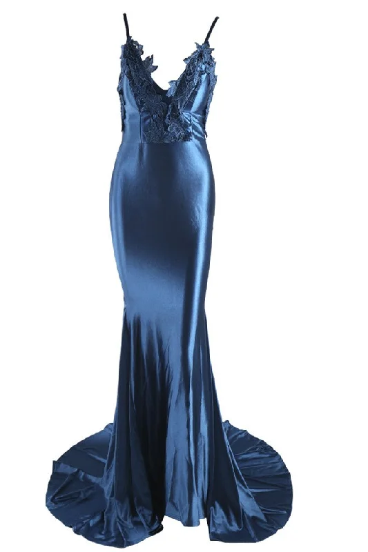 Honey Couture PENELOPE Blue Applique Formal Gown Dress Satin Evening Gown