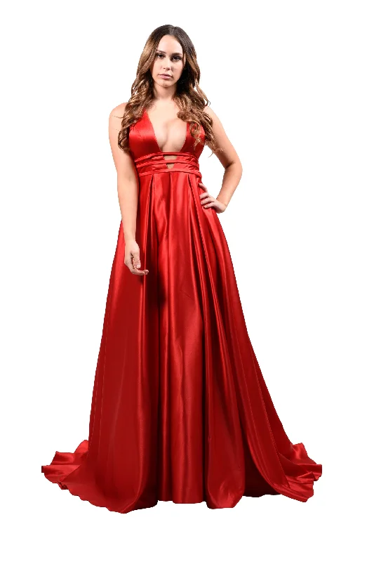 Honey Couture PIPPA Red V Front Formal Ball Gown Long Satin Robe