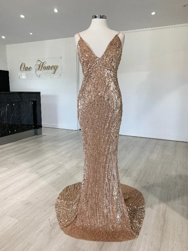 Honey Couture ROSALIE Champagne Gold Low Back Sequin Formal Gown Dress Luxe Robe Gown