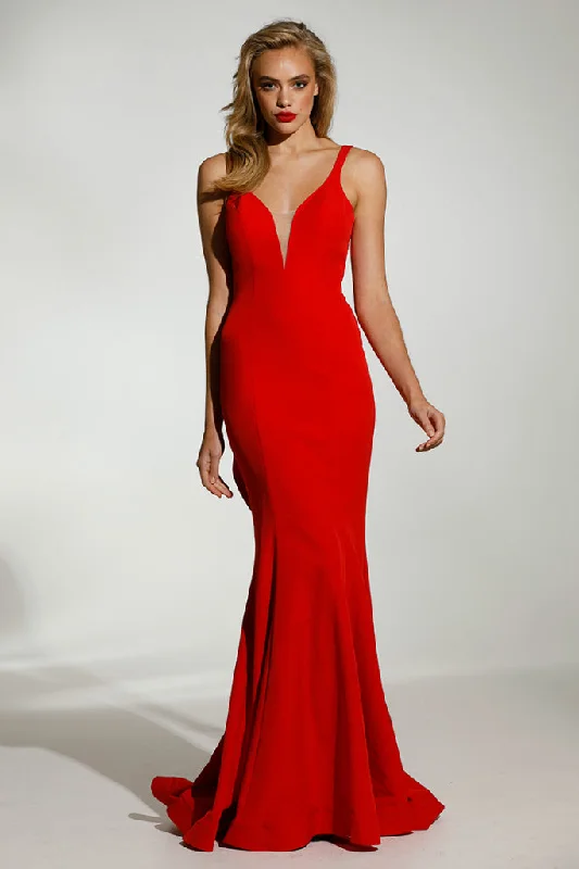 Tina Holly Couture T1708 Chili Red Deep V Neckline w a Drape Back Formal Gown Dress Long Satin Robe