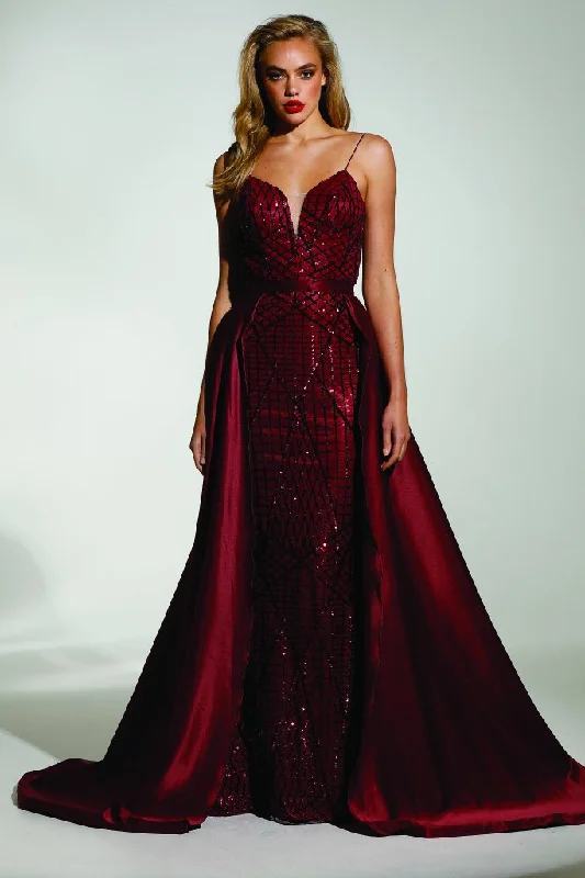 Tinaholy Couture T17128 Wine Red Sequin Mermaid Skirt Formal Gown Prom Dress Silk Lace Robe