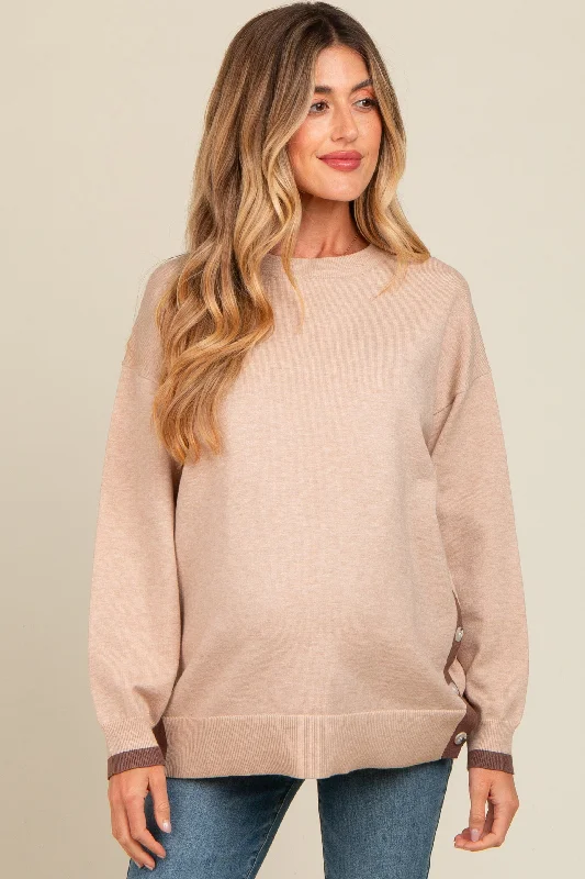 Beige Button Up Side Detail Maternity Sweater Fashionable sweaters