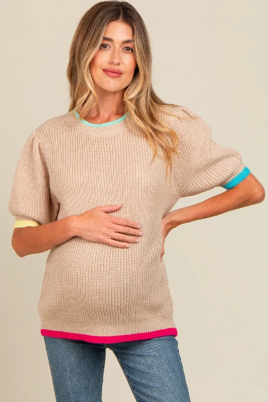 Beige Contrast Band Maternity Sweater Women's fashion sweaters sale