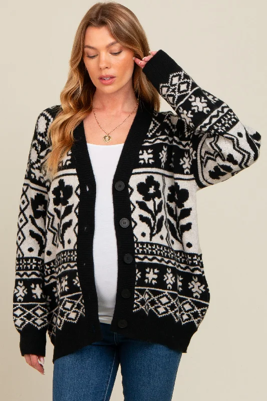 Black Printed Maternity Button Up Cardigan Wool sweaters