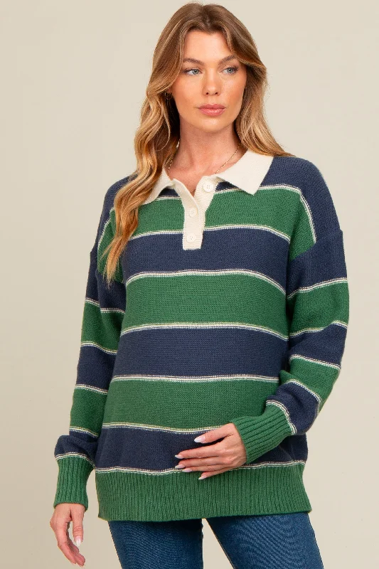 Green Striped Polo Knit Maternity Sweater Women's sweaters