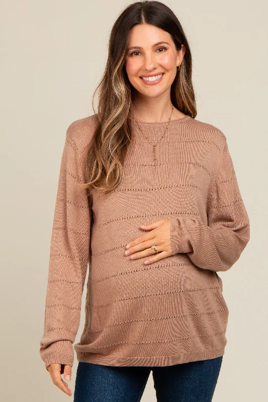 Taupe Knit Stitch Detail Long Sleeve Maternity Sweater Top Minimalist sweaters