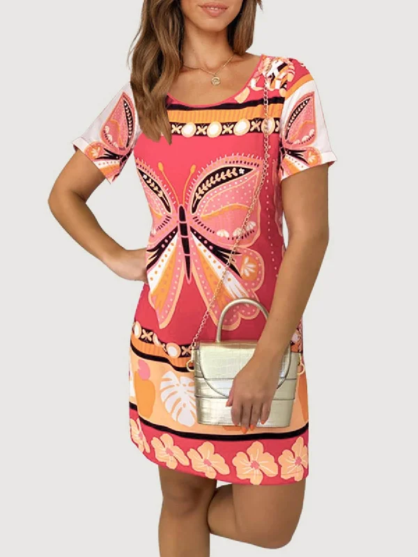 Butterfly Print Short Sleeve Round Neck Mini Dress Comfortable mini dresses for everyday wear