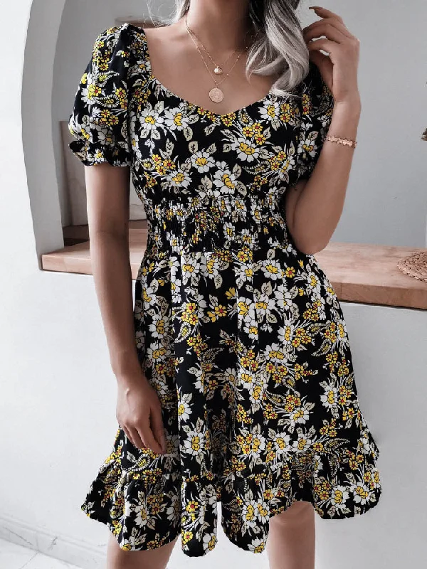 Floral Short Sleeve Elastic Waist Mini Dress Best mini dresses for date night