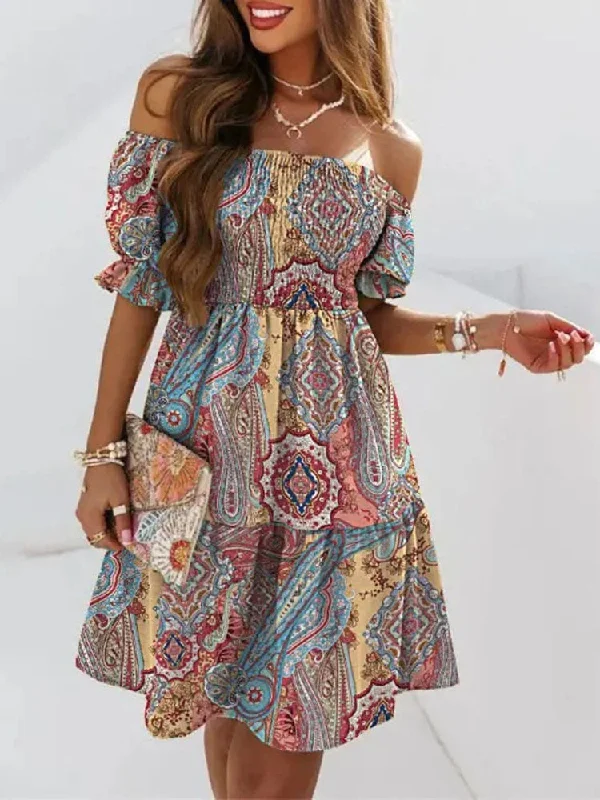 Casual Collar Elegant Ruffle Hem Off Shoulder Mini Dress Lightweight mini dresses for hot weather