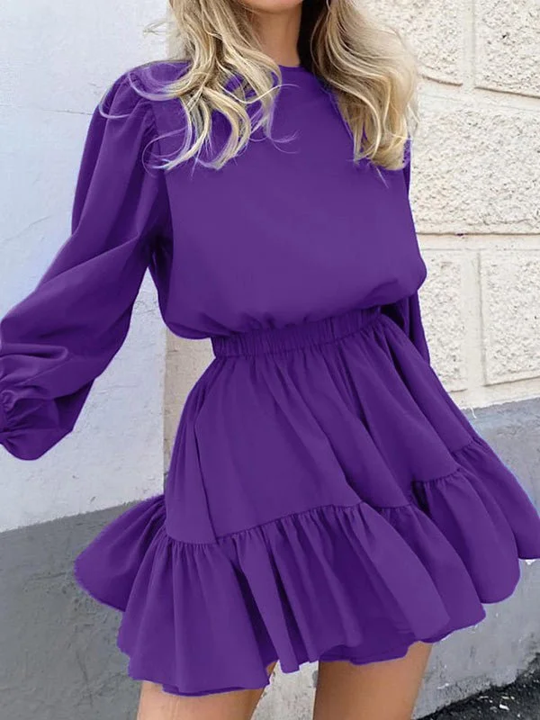 Women's Dresses Solid High Waist Long Sleeve Mini Dress Flowy mini dresses