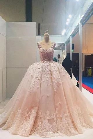 Pink Lace Applique Beads Ball Gown Quinceanera Dress Wedding Dress WK620 Modern Lace Gown