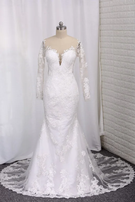 2024 New Arrival Wedding Dresses Tulle Scoop Long Sleeves With Applique Mermaid Beaded Bridal Gown