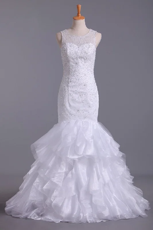 2024 Wedding Dresses Scoop Mermaid Court Train Organza Court Train Ruffle Wedding Gown