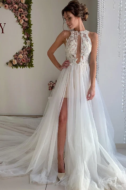 A Line Appliques Ivory Open Back Wedding Dresses, Long Beach Bridal Dresses STI14990 Lace Sleeveless Dress