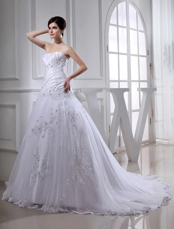 A-Line/Princess Beading Long Sleeveless Strapless Tulle Taffeta Wedding Dresses Sexy Satin Gown