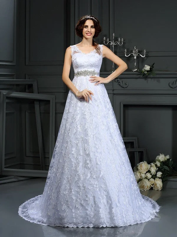 A-Line/Princess V-neck Lace Sleeveless Long Satin Wedding Dresses Simple Satin Gown