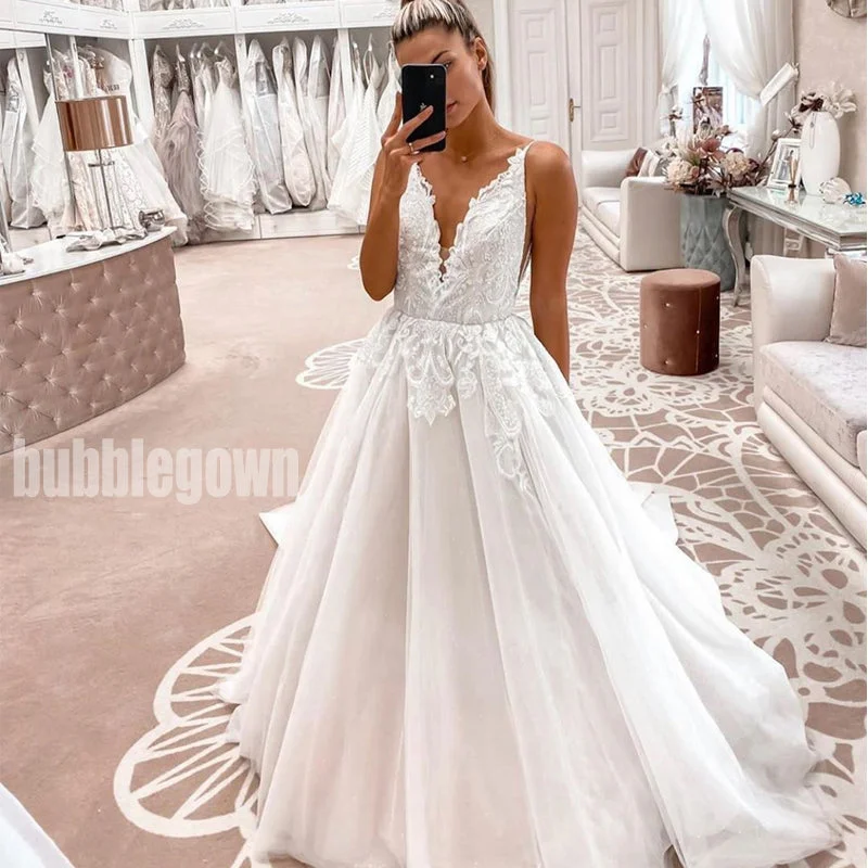 A Line Spaghetti Strap V-neck Charming Applique Long Wedding Dresses, BGH006 Wedding Dress Style