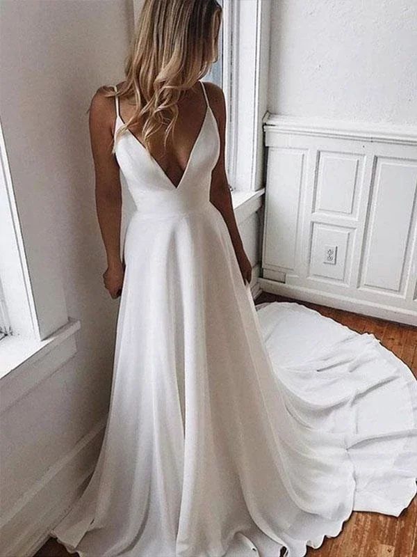 A-line Spaghetti Straps V-neck Lace Back Long Simple Wedding Dresses, WD0472 Lace Boho Dress