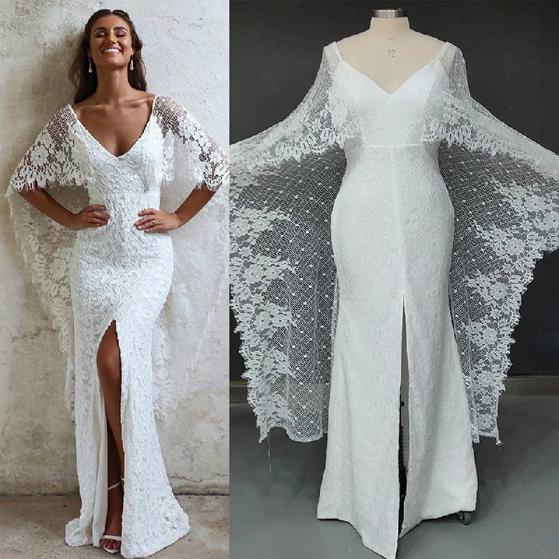 Boho Batwing Sleeve Wedding Dress Backless Lace Destination Sheath Bridal Gown Beaded Wedding Gown