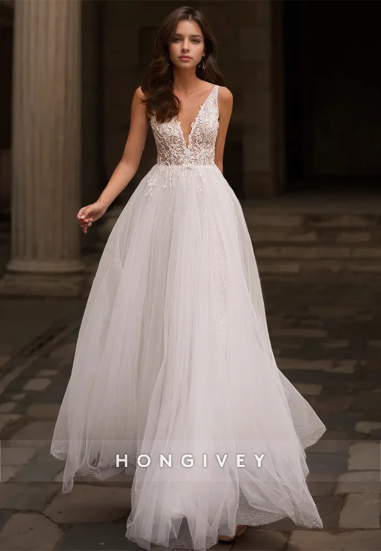 HONGIVEY Straps Lace Wedding Dresses A-Line Tulle Floor Lenghth Bridal Dress Satin Wedding Dress