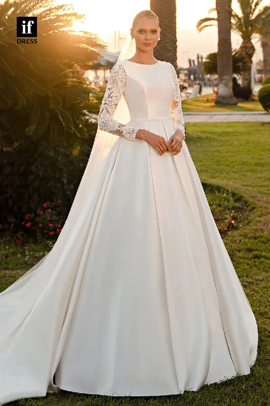 71124 - A-Line Scoop Long Sleeves Pleats Satin Beach Wedding Dress with Train Elegant A-line Gown