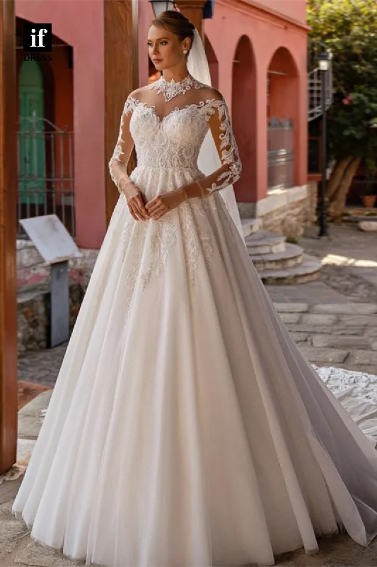 71125 - Elegant A-Line Illusion Neck Lace Appliques Boho Wedding Dress with Train Strapless Bridal Dress