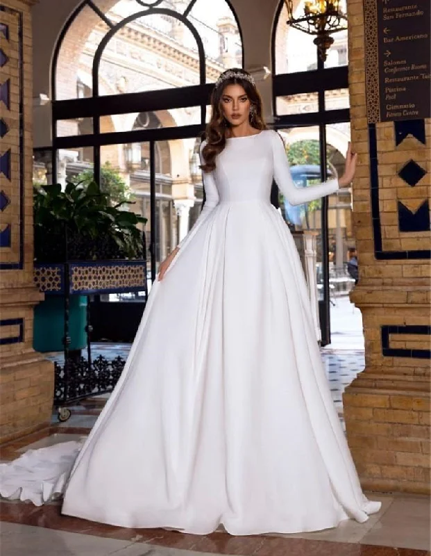 High Quality Satin Wedding Dress Women Modest A Line Slit Long Sleeve Bridal Gown Lace Train Dress