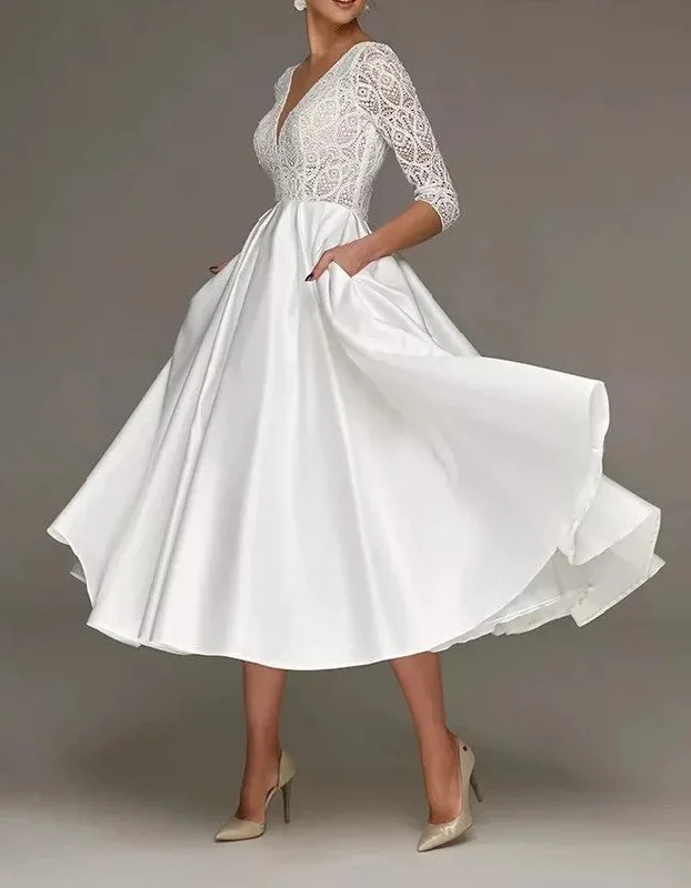 Lace/Satin Long Sleeved Tea Length Wedding Dress All Sizes/Colors Elegant Lace Gown