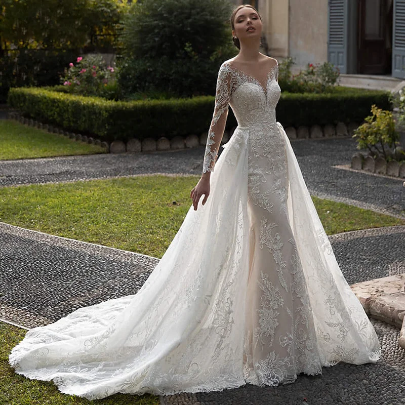 New Arrival Long Sleeve Lace Appliqued Bridal Gowns Sheath Illusion Back Wedding Dresses Off-shoulder Bridal Dress