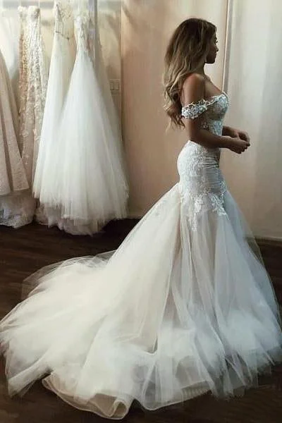 Off the Shoulder Mermaid Tulle Wedding Dresses Lace Appliques Bridal Gown WK448 Timeless Wedding Dress