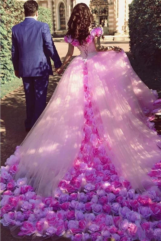 Pink Cathedral Off the Shoulder Ball Gown Vintage 3D Flower Applique Wedding Dresses WK379 Wedding Dress Set