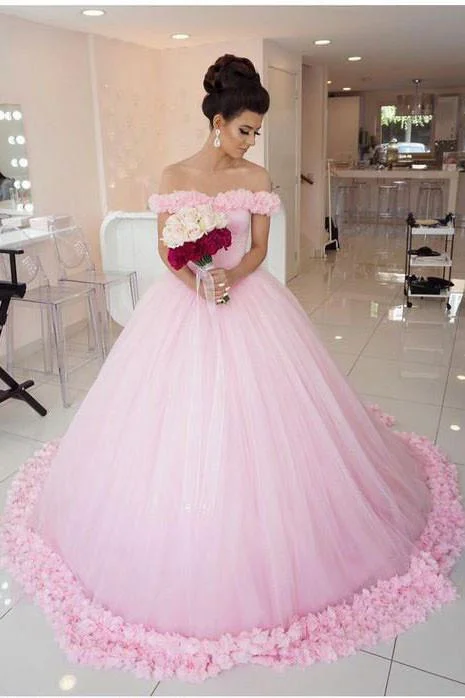 Pink Long Sleeveless Flowers Off the Shoulder Lace up Tulle Ball Gown Wedding Dresses WK369 Sexy Wedding Dress