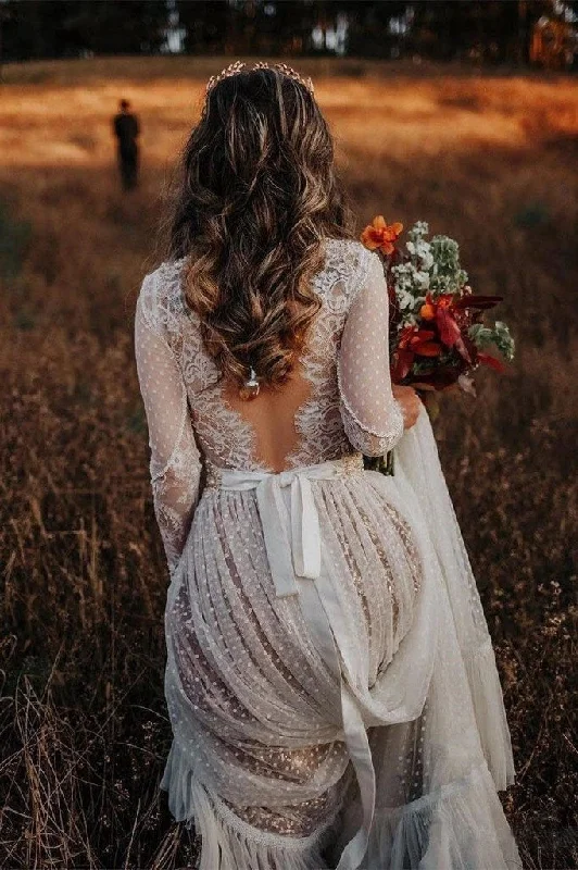 Polka Dot Long Sleeve Boho Wedding Dresses Lace Bohemian Backless Wedding Gowns W1055 Crystal Wedding Dress