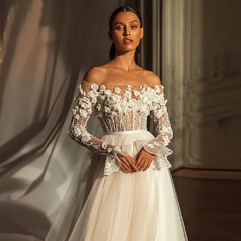 Romantic 3D Floral Wedding Dress - Beaded Boat Neck with Long Sleeves Sleek Wedding Dress